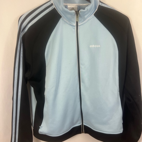 Vintage Adidas Track Jacket Full Zip Baby Blue Black Women's Size L Large Mock